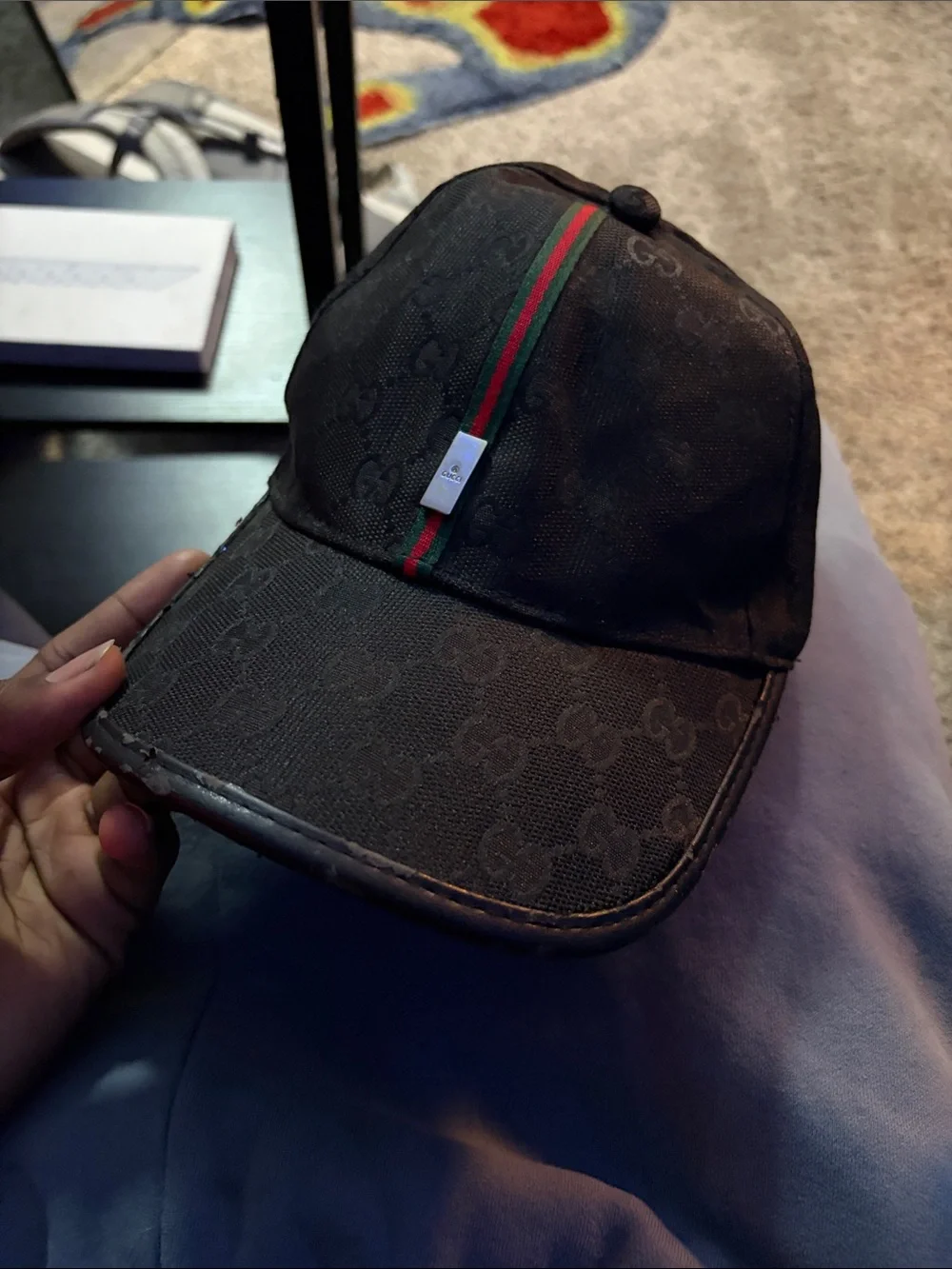 Gucci Black Signature Canvas Cap with Green-Red Web Stripe